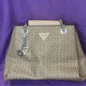 Guess Tan Large Satchel Shoulder Bag With So Many Pockets And A Charm